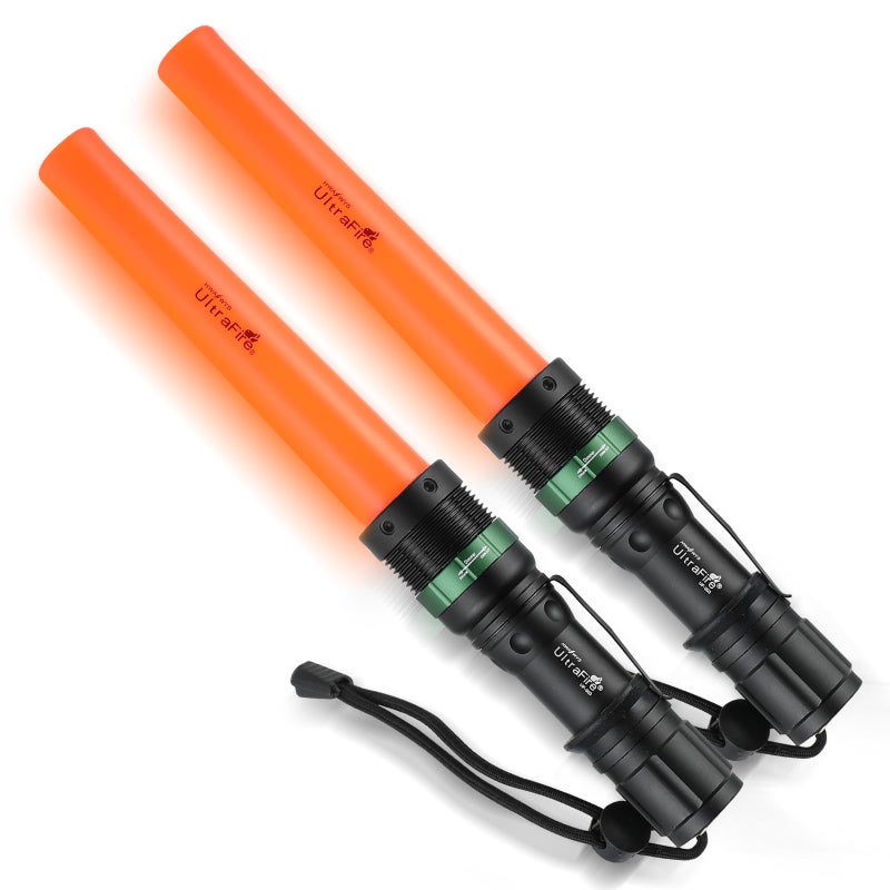 ULTRAFIRE 2pc 11-Inch Signal Traffic Wand Safty LED Flashlight 250 Lumen, Red Flashing Mode, Wrist Strap Lanyard, Side Clip, Orange Finish for Kids Outdoor Camping - Image 1